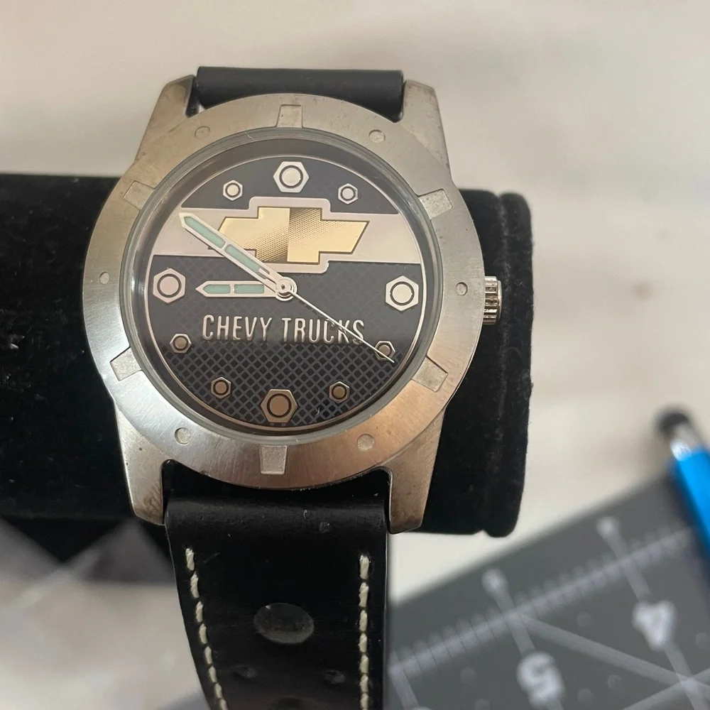 Chevy Trucks Black Leather adj Strap Watch collectible needs battery